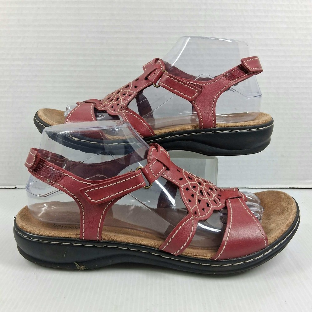 Clarks Bendables Red Leather Laser Cut Floral Strappy Sandals Womens 8M 26065709